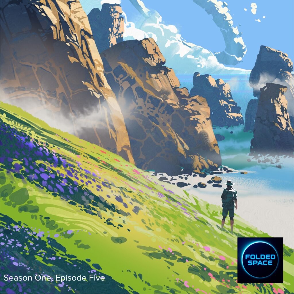 Artwork of a person standing on the coast of an alien world, for season one, episode five of the sci-fi podcast Folded Space, entitled "As Water, Leaf and Stone, I Wait for You" by Arthur H. Manners.